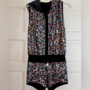 Women's small sequin hooded romper perfect for Mardi Gras, festival, EDM, rave